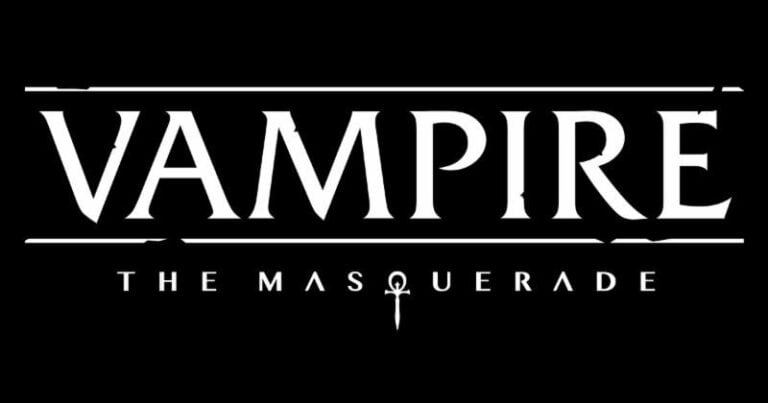 White text on a black background reads "Vampire: The Masquerade," a creation of White Wolf, with a small ankh symbol beneath. The Gothic letters echo the game’s theme of darkness and mystery, inviting players into its shadowy world.