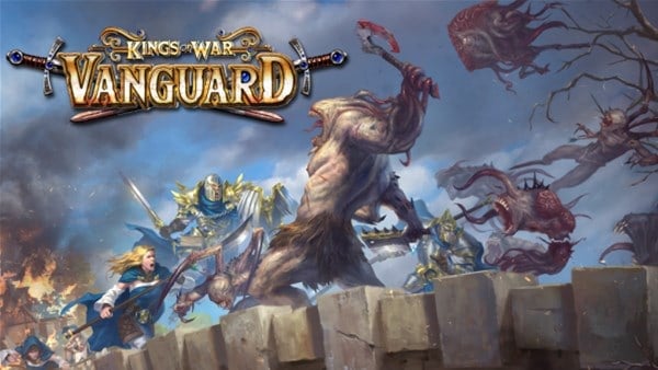 In "Kings of War: Vanguard," armored warriors, including stout Dwarves, battle monstrous creatures on the castle's battlements. A warrior in blue bravely leads the charge against a towering beast and flying monsters under a dramatic, cloudy sky.