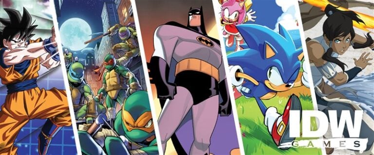 Collage of animated characters: a warrior in orange, four masked turtles, a superhero in gray, a blue hedgehog, and a woman in white. This vibrant image showcases the IDW Games' partnership with Ninja Division.