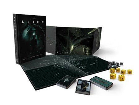 Discover the thrilling "Alien RPG" tabletop role-playing game set, now available for pre-orders. Featuring a rulebook titled "Alien," several dice, cards, and a game map, it includes a detailed game screen with space-themed artwork to enhance the sci-fi atmosphere. Start your adventure tomorrow.
