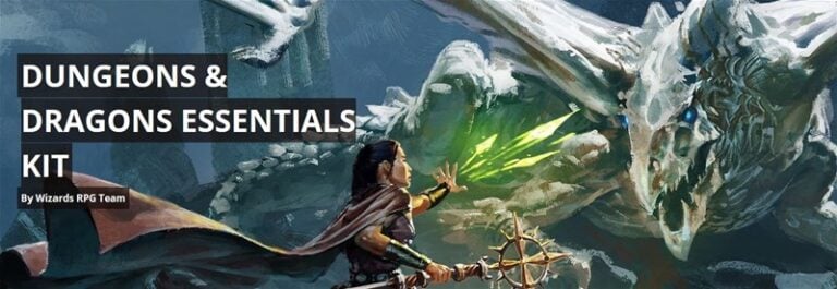 In this epic fantasy scene, a hero confronts a formidable white dragon, wielding a staff radiating green magical energy. The "Dungeons & Dragons Essentials Kit" is prominently displayed on the left, signaling that the adventure is now available for all brave souls.