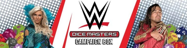 The box cover for the "WWE Dice Masters Campaign Box" bursts with wrestling-themed artwork, showcasing the WWE logo at its center. Flanked by two wrestlers, the design is set against a vibrant background of colorful dice.
