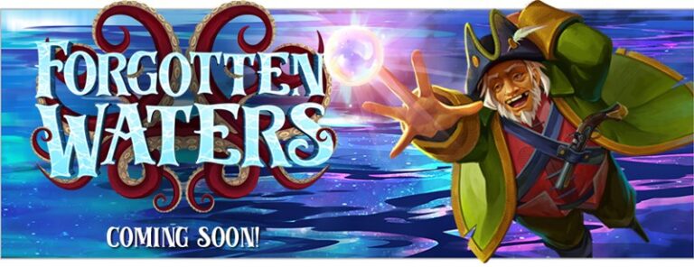 Promotional image for "Forgotten Waters," an app by Plaid Hat Games, featuring vibrant ocean waves and a pirate character reaching out with a glowing orb in hand. Text on image reads: "Forgotten Waters. Coming Soon!