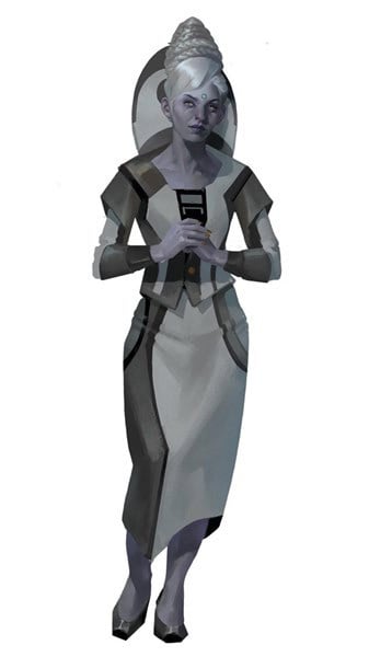 A stylized illustration of a humanoid figure with pale skin and grey hair, wearing a formal grey and black outfit, evokes intriguing Character Options. The person stands forward-focused, embodying an enigmatic presence often found in Near Space explorations by Paizo.