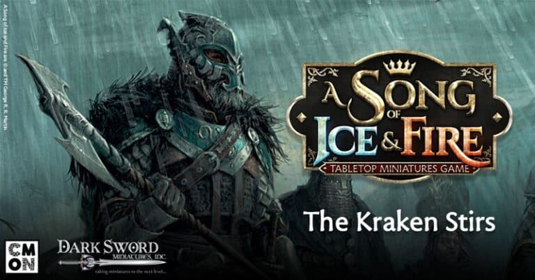 A warrior in detailed armor stands with a horned helmet, gripping a weapon. "A Song of Ice & Fire: The Kraken Stirs" is displayed prominently, with logos for CMON and Dark Sword Miniatures. The stormy backdrop hints at House Greyjoy's might as part of the CMON Previews.