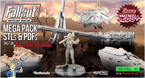 Discover the ultimate "Fallout: Wasteland Warfare Mega Pack" on Humble Bundle. Dive into STLs and PDFs showcasing figures, vehicles, and a rugged wasteland setting. Save over $260! Featuring iconic Bethesda and Modiphius logos, this pack is a must-have for any Fallout fan.