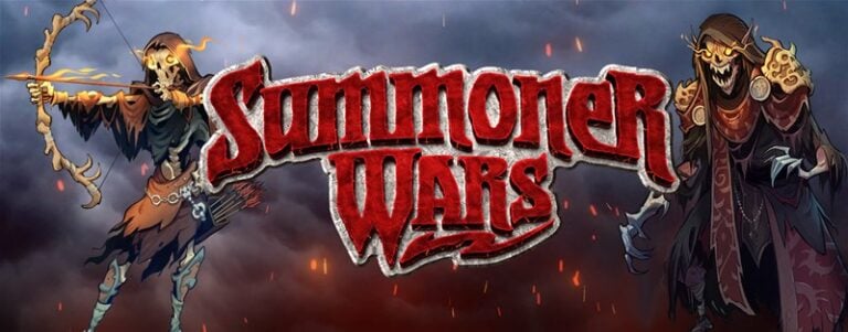 Illustrated banner for "Summoner Wars," a Plaid Hat game, featuring two skeleton-like warriors from the Fallen Kingdom deck: an archer on the left and a draped figure on the right. Both wield weapons against a smoky, dark background with embers floating around.