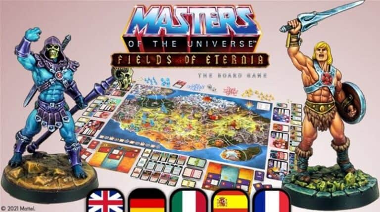 Board game cover featuring two fantasy warrior figures flanking a colorful game board with a medieval map and various cards. The title "Masters of the Universe: Fields of Eternia" is boldly displayed at the top, hinting at its epic Gamefound origins. Flags are shown below.