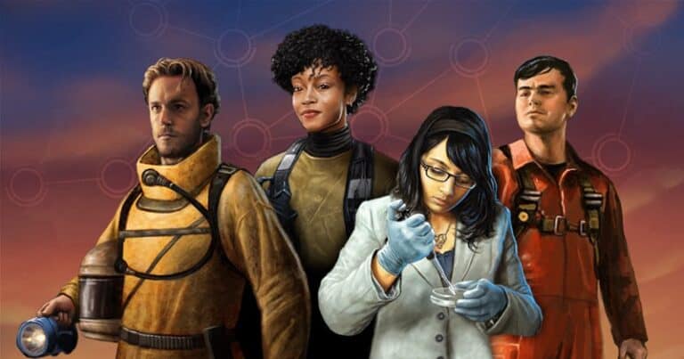 Four heroes in various professional attires stand together against a sunset background. The person on the left holds a flashlight, wearing a yellow hazmat suit. The others, dressed as a scientist, researcher, and pilot, suggest teamwork reminiscent of "Pandemic: Hot Zone - Europe" by Z-Man Games.