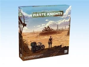 The cover of "Waste Knights 2nd Edition" showcases a post-apocalyptic landscape with a lone figure and motorcycle in the foreground. The Sydney Opera House looms under a cloudy sky, merging desolation with iconic architecture. Published by Ares Games, it captures the essence of survival.