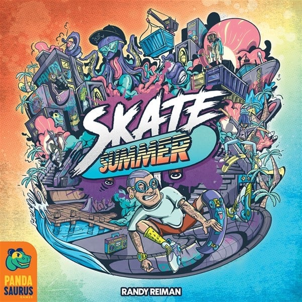 Colorful illustration of a vibrant skateboarding scene. A smiling skateboarder rolls downhill, surrounded by dynamic elements like graffiti, palm trees, and urban structures. Retro design elements and bright colors fill the background, capturing a Skate Summer vibe reminiscent of a Kickstarter campaign pitch.