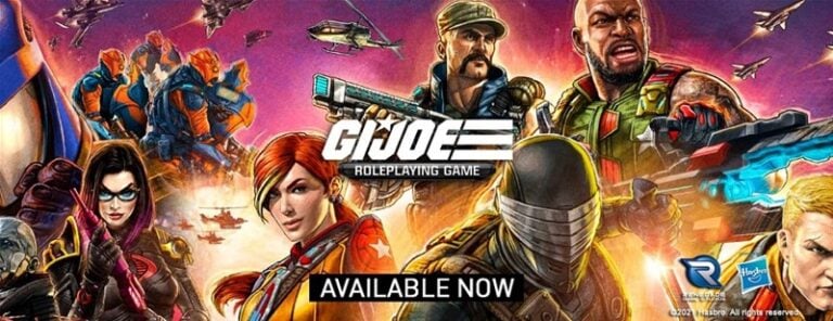 Promotional image for the G.I. JOE RPG, featuring diverse characters in action poses with weapons and gear. The colorful background showcases a dynamic, explosive scene. Text at the center reads "G.I. Joe Roleplaying Game" and "Available Now in PDF Edition.