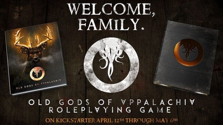 The promotional image for the "Old Gods of Appalachia RPG" Kickstarter features a game box adorned with a horned creature design, accompanied by a book. Captivating text reads: "Welcome, Family," inviting enthusiasts to join the campaign from April 12th through May 6th.