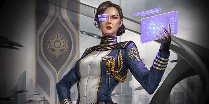 A futuristic woman in a military uniform with a cybernetic eye holds a glowing holographic screen. The background features sleek architecture and flying vehicles, hinting at the rise of a new faction amid this advanced, sci-fi world reminiscent of Twilight Imperium.