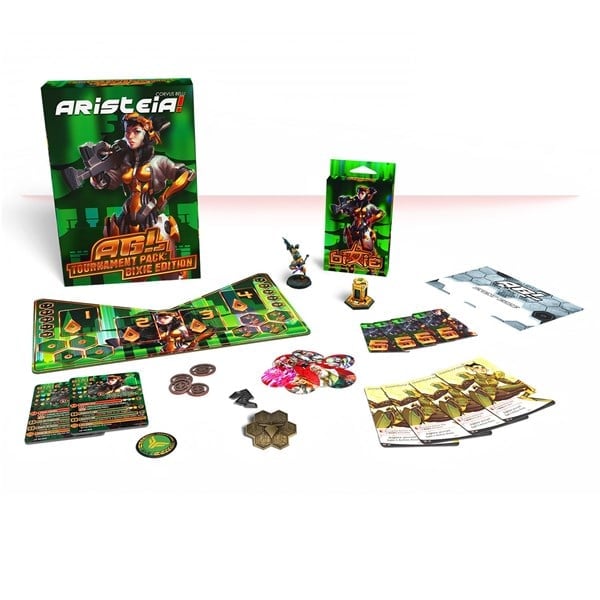 Aristeia! board game components are displayed, including the AGL Tourney Pack, which features a game box, character figures like Bixie, cards, tokens, and a play mat. The box and materials by Corvus Belli showcase a futuristic design with vibrant colors.