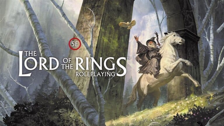 A robed figure on a white horse triumphantly rides through a mystical forest, an owl soaring nearby. Under an ancient stone archway, the scene embodies the epic quests of The Lord of the Rings Roleplaying by Free League Publishing.