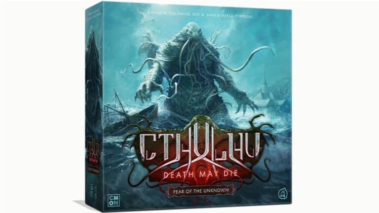 The image shows the box art for the board game "Cthulhu: Death May Die - Fear of the Unknown," Season 3. The artwork features a large, menacing Cthulhu creature rising from the sea with ships in the background. The title text is prominent in the center of the box.