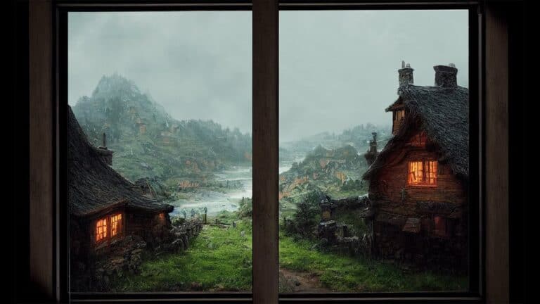 Through the tavern window, a tranquil, rainy landscape unfolds, featuring two rustic wooden cottages with warm glowing windows nestled in lush green hills. A misty mountain range looms in the background under an overcast sky, evoking the ambience of a classic tabletop RPG setting.