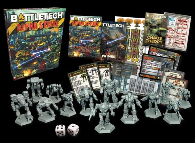 BattleTech Alpha Strike board game components displayed, including miniatures, dice, cards, rulebooks, and game tokens. The Catalyst Game Labs box art shows futuristic battle scenes with vibrant colors, making it a standout among new releases.