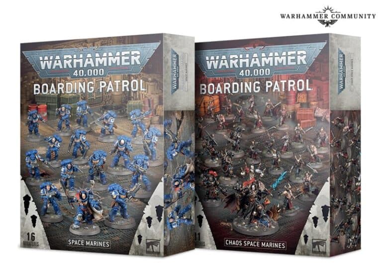 Two boxes of "Warhammer 40,000 Boarding Patrol" sets are displayed. The left box showcases Space Marines, while the right features Chaos Space Marines. Each Battleforce includes intricately detailed miniature figures and stunning artwork, perfect for fans of intense galactic battles.