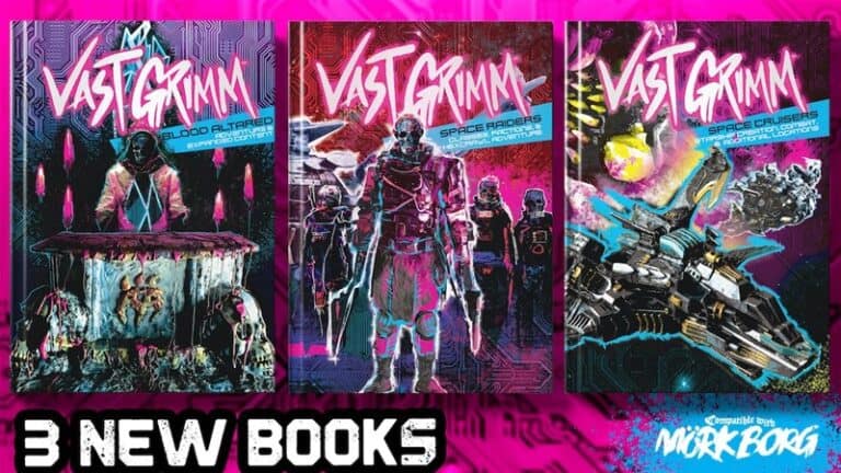 Image showcasing three colorful book covers from the "Vast Grimm" RPG series. These Kickstarter-backed covers feature futuristic, sci-fi themes with characters and spaceships. Bold pink and blue text reads: "3 New Books," highlighting compatibility with "Mörk Borg.
