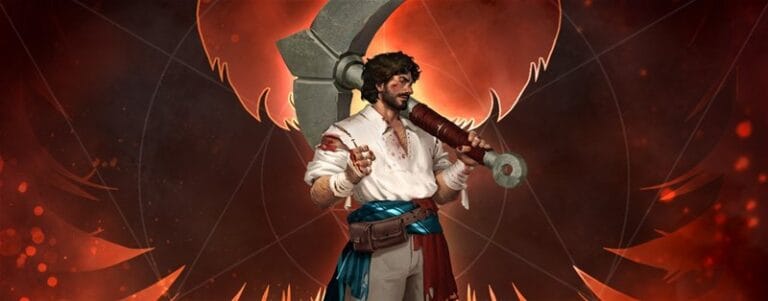 A fantasy character with a rugged appearance, wielding a large hammer-like weapon, wears a white shirt and an Ashes Reborn-themed blue and red sash. The fiery background features abstract, glowing designs alongside a large, circular symbol reminiscent of Plaid Hat Games' Corps of Viros.
