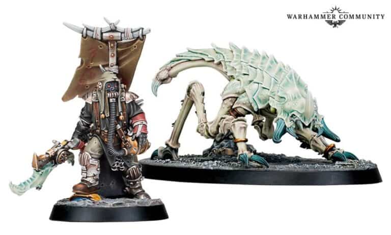 Miniature figures from Games Workshop: a humanoid in detailed Necromunda armor wielding a sword, and a creature resembling an armored arthropod with a spiked tail. Both stand on round bases with textured surfaces.