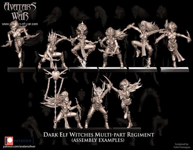 Image of several intricate miniature figures representing Dark Elf Witches in dynamic poses. This new release by Avatars of War showcases a multi-part regiment set, highlighting assembly examples with detailed armor and weapons.