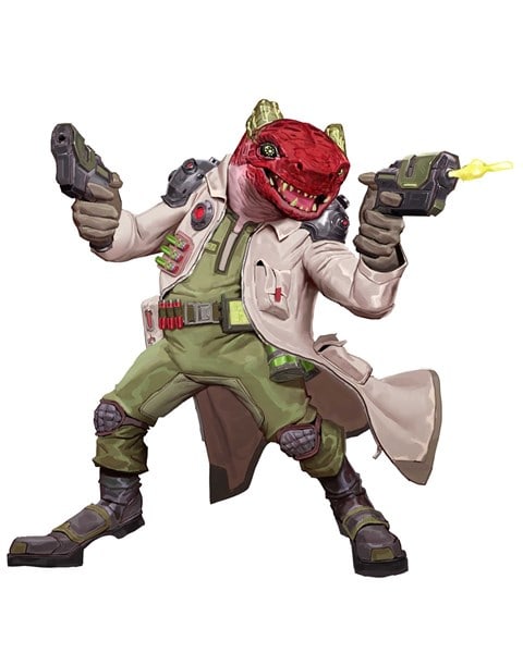 A lizard-like creature from the Starfinder species, wearing a lab coat and green jumpsuit, holds two futuristic guns. The character has a red scaled head with green ears, standing in an action pose with a confident expression on a white background.
