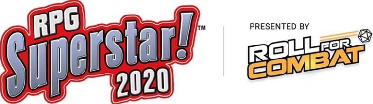 The logo showcases "RPG Superstar! 2020" in bold, stylized red and blue lettering. To the right, smaller text reads "Presented by Roll for Combat," featuring a dice graphic. This thrilling contest is connected to Paizo's legacy of RPG excellence.