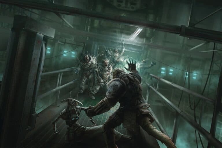 A futuristic, armored figure from the Starfinder universe confronts three ghostly apparitions on a dimly lit industrial walkway. The ethereal beings emit a bluish glow, enhancing the metallic and eerie setting of this Spike Adventure.