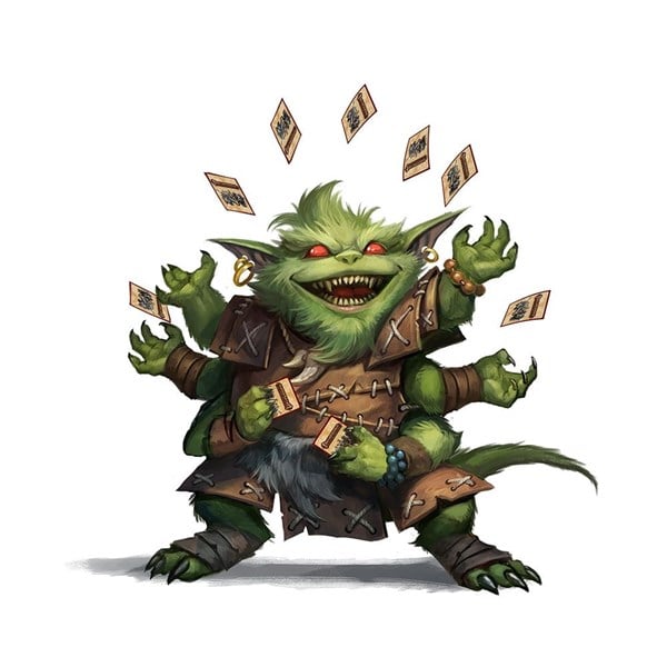 A green, six-armed goblin from Paizo's bestiary, with red eyes and sharp teeth, wearing patchwork clothing. It juggles cards in the air, embodying a mischievous spirit befitting April Fool's Day in its fantastical antics.