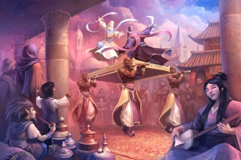In a vibrant, fantastical Middle Eastern marketplace, musicians play as two muscular figures carry a platform with performers in colorful attire. Under the clear blue sky, a lively crowd gathers, reminiscent of a scene from Pathfinder Battles or a Paizo Minis Preview.
