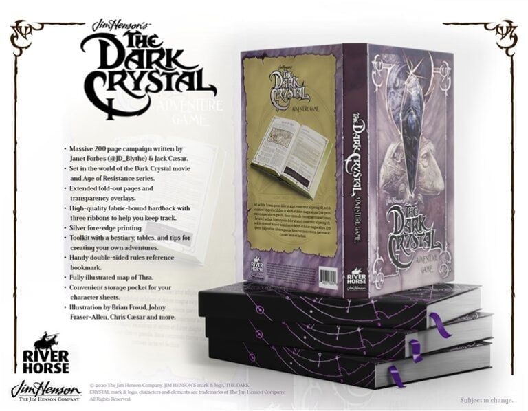 The image showcases the "The Dark Crystal Adventure Game" box set by River Horse. Four books are neatly stacked beside a standing box displaying artwork of a creature. The text highlights features such as maps, dice, and campaign details.
