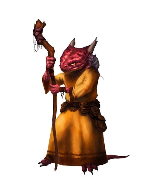 A creature resembling a red-scaled kobold, straight from the pages of a Paizo adventure, wears a long brown robe and holds a wooden staff. This Pathfinder pre-gen character has horns and is looking to the side, ready for its next quest.