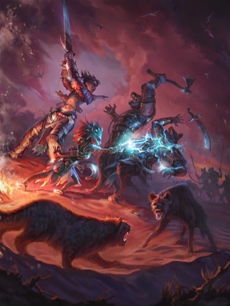 In a scene reminiscent of Pathfinder 2nd Edition, armored warriors clash fiercely, their swords glowing with energy. Giant wolves snarl in the foreground as a stormy sky looms above. Magical elements and vibrant colors create an intense, action-packed atmosphere, perfect for any GM Tools setup.