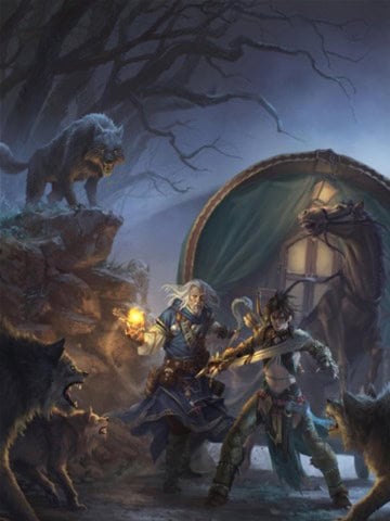 Two medieval adventurers stand ready to fight as wolves surround them in a dark forest. One holds a glowing orb, while the other wields a sword. A horse-drawn wagon, reminiscent of the thrilling escapades from Pathfinder 2nd Edition adventures, is behind them, partially covered by shadows and moonlight.