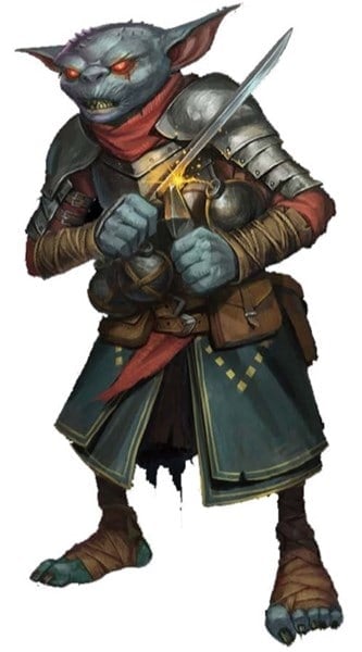 A fantasy goblin warrior, hinting at Hobgoblin Ancestry, stands gripping a sword and holding a small pouch. The goblin wears mismatched armor with metallic and cloth pieces, a red scarf, and has a fierce expression with glowing red eyes. Its skin is a bluish-gray tone, reminiscent of Pathfinder 2nd Edition lore.