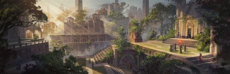 A picturesque cityscape bathed in golden sunlight features ancient-style buildings with domes and arches, reminiscent of a Paizo game setting, surrounded by lush greenery. People are gathered in a courtyard, and towering structures hint at the legendary "Strength of Thousands" campaign in the misty background.