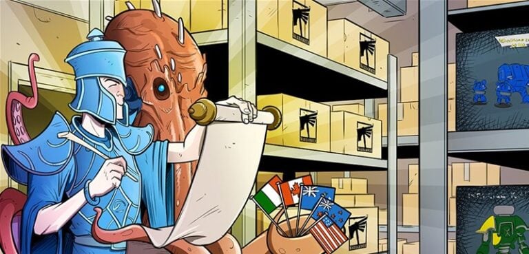 In a Games Workshop setting, a person in blue armor consults a scroll beside a giant helmeted octopus in a warehouse brimming with boxes. Several small flags flutter in the background, while bright lighting reveals shelves lined with items, heralding the webshop's reopening.