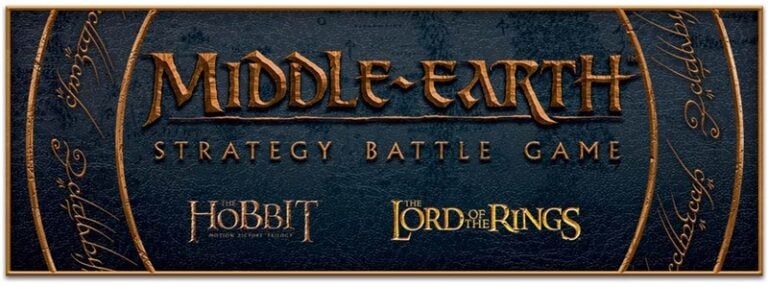 Promotional banner for "Middle-earth Strategy Battle Game," proudly showcasing Games Workshop logos from "The Hobbit: Motion Picture Trilogy" and "The Lord of the Rings." The background is adorned with ornate, medieval-style designs and elvish script, capturing the epic essence of Easterling Black Dragons.