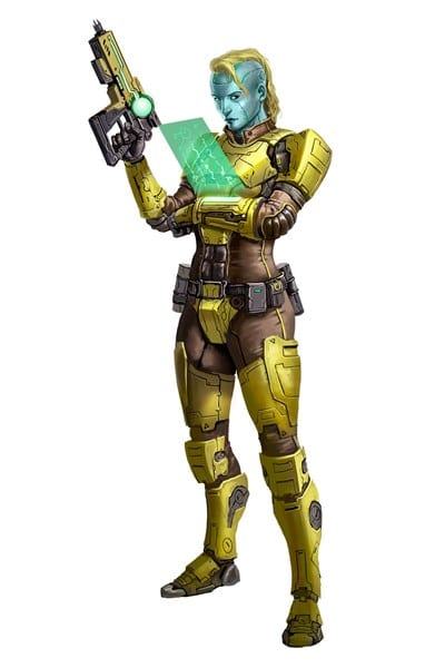 A futuristic character with blue skin and yellow-tech armor holds a high-tech device emitting a glowing green holographic interface. Standing confidently against a white background, they seem ready for an adventure straight out of the latest Starfinder update.