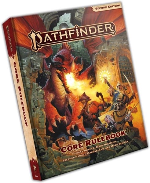 Cover of the "Pathfinder Core Rulebook, Second Edition" by Paizo. It depicts a thrilling fantasy scene with a dragon breathing fire while an armored warrior and wizard bravely confront it. Authors include Logan Bonner, Jason Bulmahn, Stephen Radney-MacFarland, and Mark Seifter.