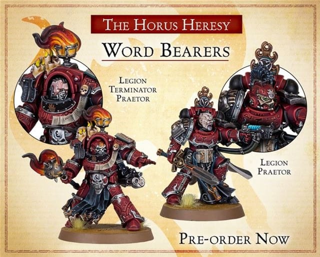 Warhammer 40k miniatures showcase the Word Bearers Legion Terminator Praetor and Legion Praetor in striking red armor. Featuring "The Horus Heresy," these captivating pieces are available to order now from Forge World, set against a decorative backdrop with "Pre-order Now" prominently displayed.