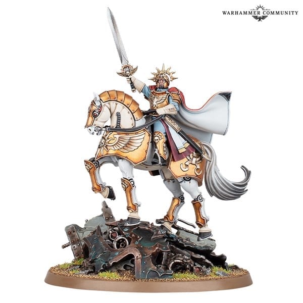 A miniature figure depicts Arcadian Leontus, a knight in ornate armor atop a rearing armored horse. The knight brandishes a sword aloft, bedecked in golden and silver details. They stand majestically on a rocky base interwoven with gears and mechanical parts, echoing the intricacy of 40k craftsmanship from Games Workshop.