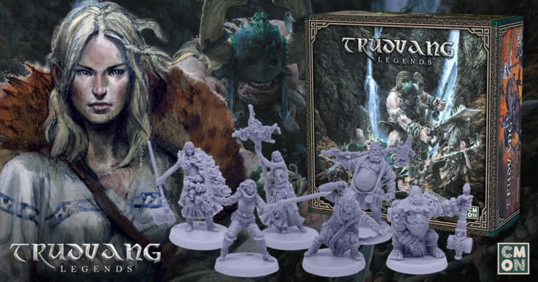 Box cover of the "Trudvang Legends" board game by CMON features fantasy art with various characters. In the foreground are miniature figurines of warriors and a creature, set against a detailed, mythical backdrop illustration.