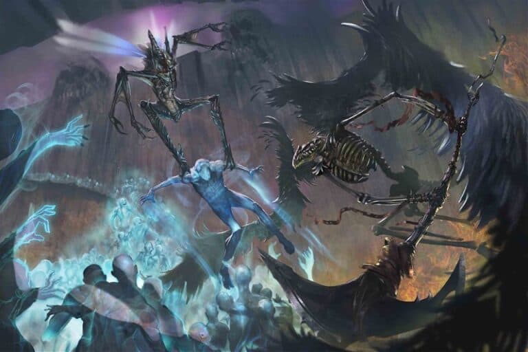 A fantasy scene from Pathfinder Battles depicts a clash between ghostly, winged creatures and skeletal figures with tattered wings. The dark, chaotic background features faint silhouettes and glowing, ethereal figures amidst swirling colors—a true test for the Champions of Balance.