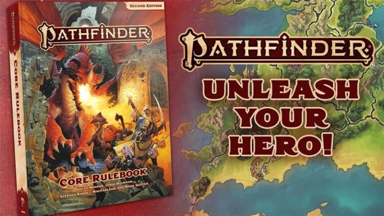 Cover of the Pathfinder Core Rulebook, Second Edition by Paizo, featuring a fantasy scene with a dragon and hero. The text "UNLEASH YOUR HERO!" is boldly displayed alongside a portion of a fantasy map, now updated with essential errata to enhance your adventure.