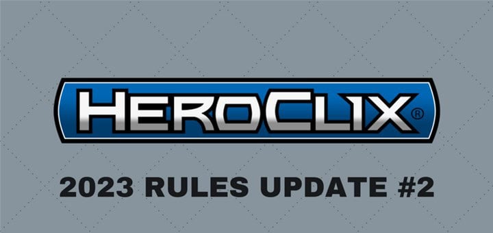 Blue and silver "HeroClix" logo above black text reading "2023 Rules Update #2" by WizKids on a gray patterned background.