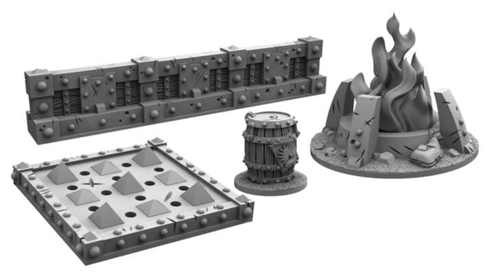 These 3D models feature a stone wall, a barrel, a spiked pit trap, and a campfire encircled by stones and wooden stakes. Perfect as gaming terrain pieces for tabletop or role-playing games, they evoke the defenses found in classic Privateer Press adventures.